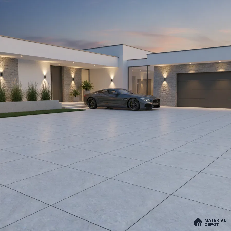 Modern parking with large format grey stone tiles and stone cladding accent walls