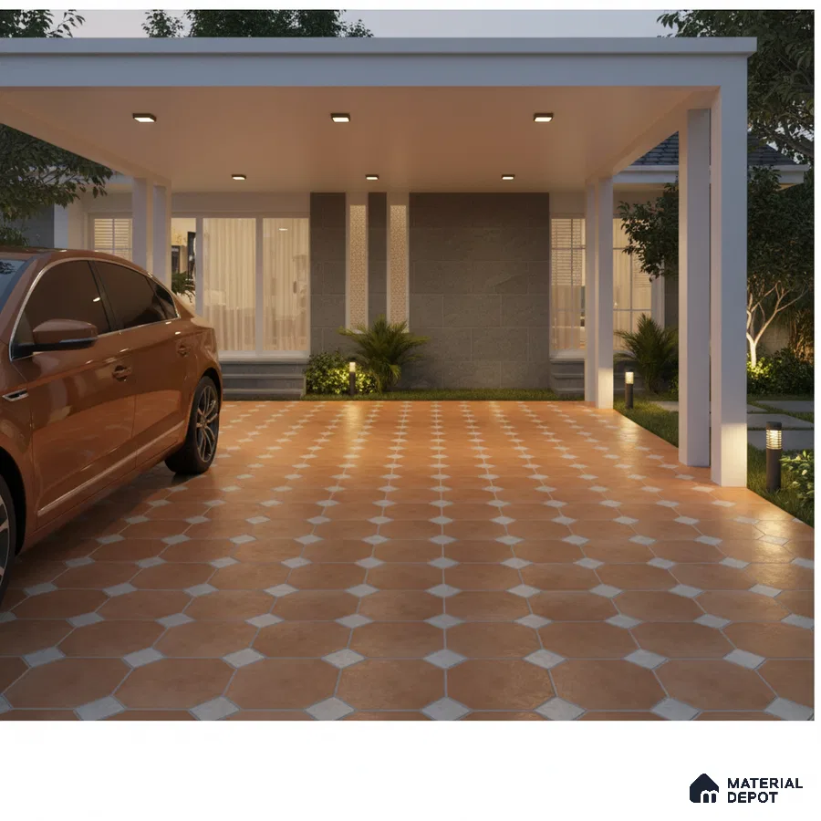 Modern parking with terracotta octagonal floor tiles and grey stone wall cladding