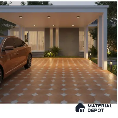 Modern parking with terracotta octagonal floor tiles and grey stone wall cladding