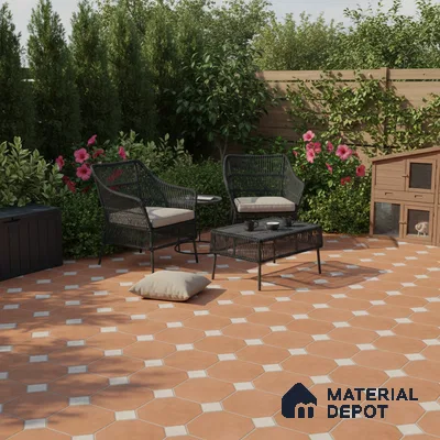 Mediterranean outdoor patio with terracotta hexagonal floor tiles and black wicker furniture