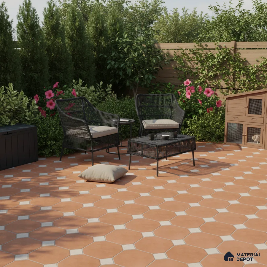 Mediterranean outdoor patio with terracotta hexagonal floor tiles and black wicker furniture