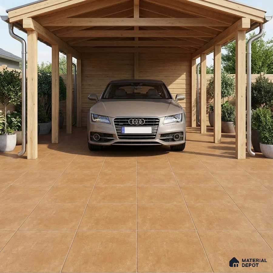 Modern parking with terracotta floor tiles and natural wood structure