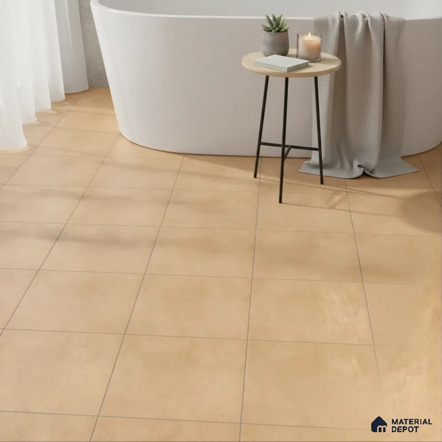 Minimalist bathroom with warm beige matte floor tiles and freestanding tub