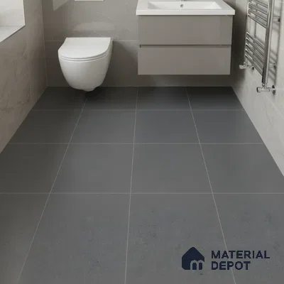 Minimalist bathroom with matte grey floor tiles and light beige wall tiles