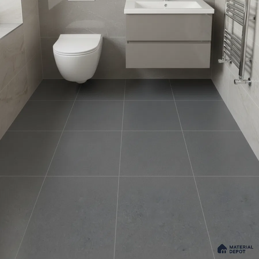 Minimalist bathroom with matte grey floor tiles and light beige wall tiles