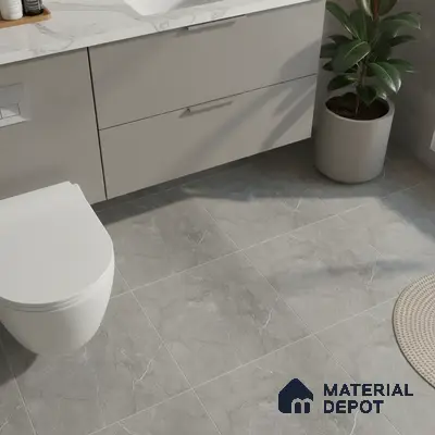 Modern bathroom with grey marble-look floor tiles and white marble countertop vanity