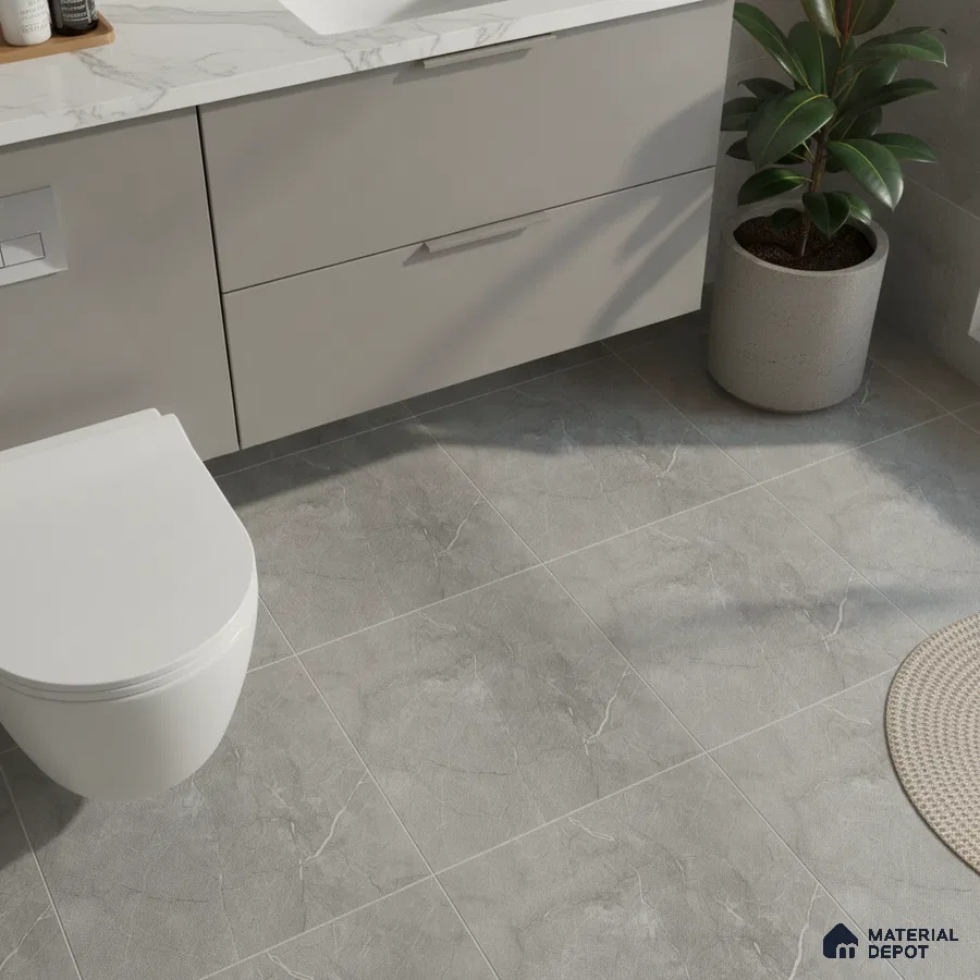 Modern bathroom with grey marble-look floor tiles and white marble countertop vanity