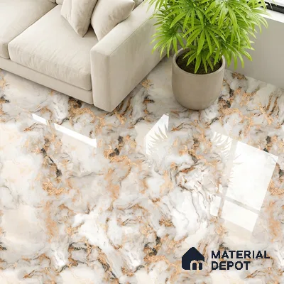 Modern living room with glossy marble-look floor tiles and beige sofa