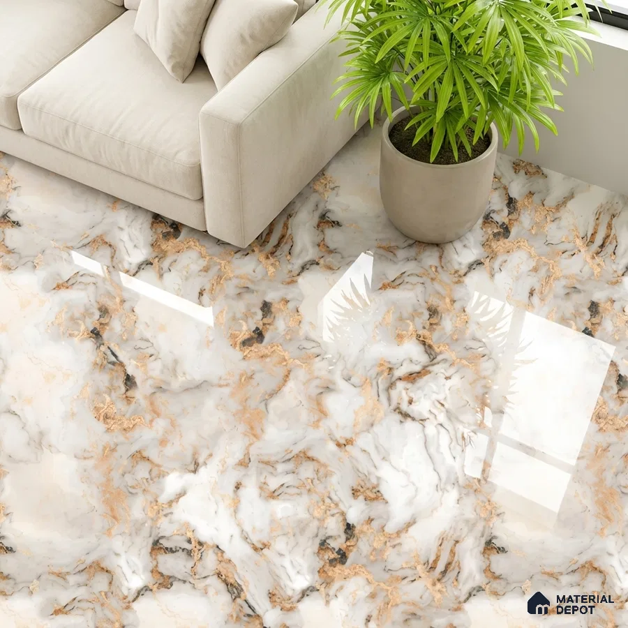 Modern living room with glossy marble-look floor tiles and beige sofa
