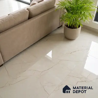 Modern living room with beige marble-look floor tiles and neutral fabric sofa