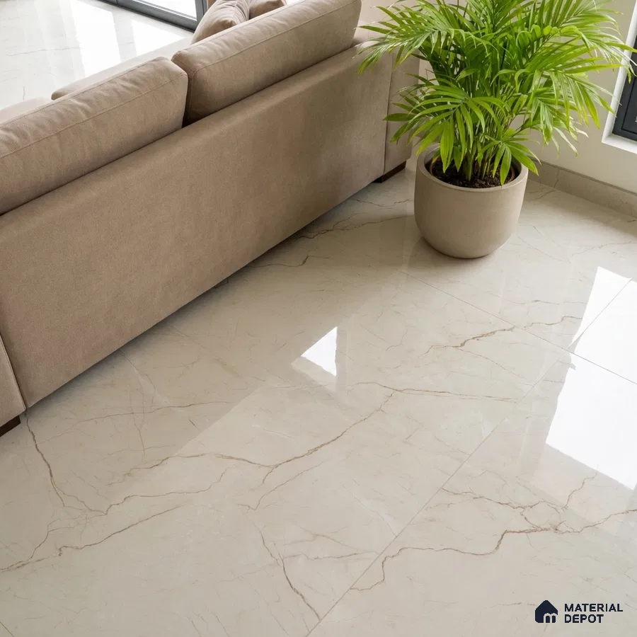 Modern living room with beige marble-look floor tiles and neutral fabric sofa