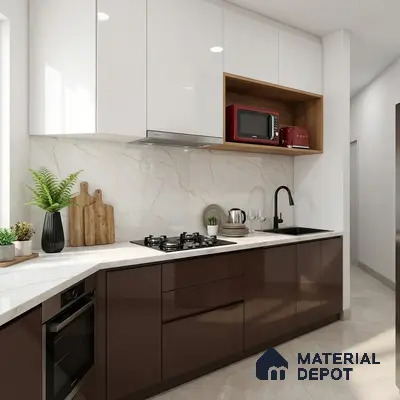 Modern kitchen with glossy white and brown laminate, marble-look backsplash, and white quartz countertop