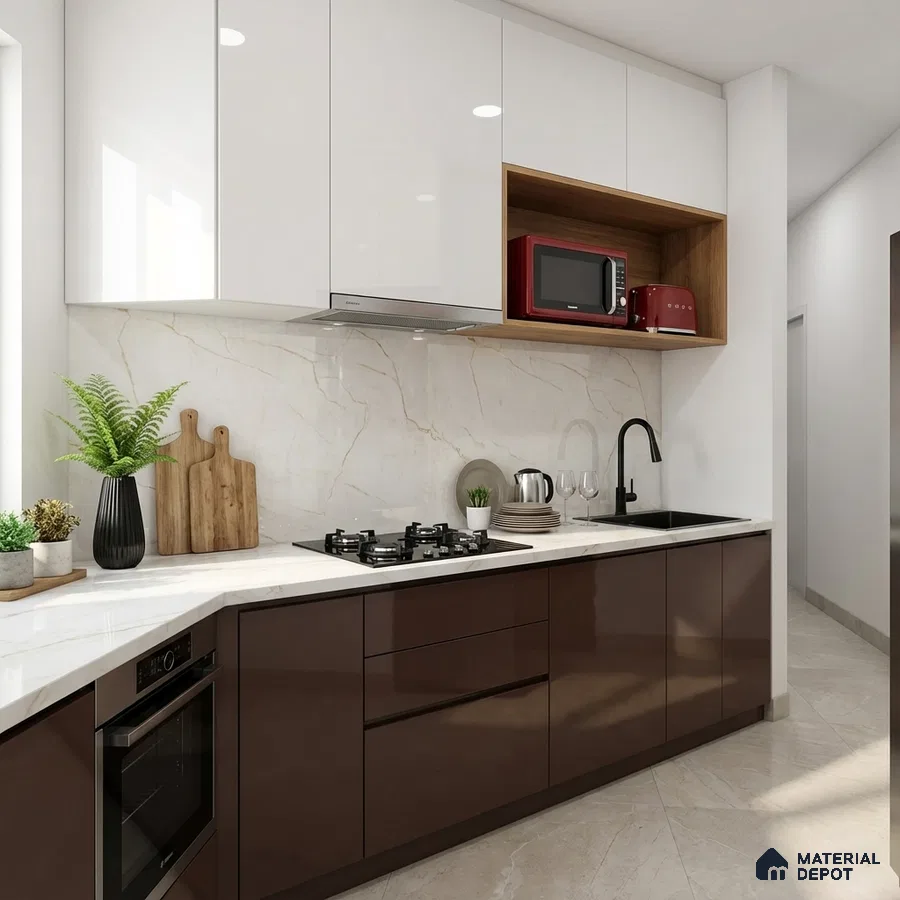Modern kitchen with glossy white and brown laminate, marble-look backsplash, and white quartz countertop