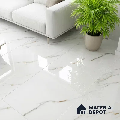 Modern living room with glossy white marble-look floor tiles and minimalist sofa