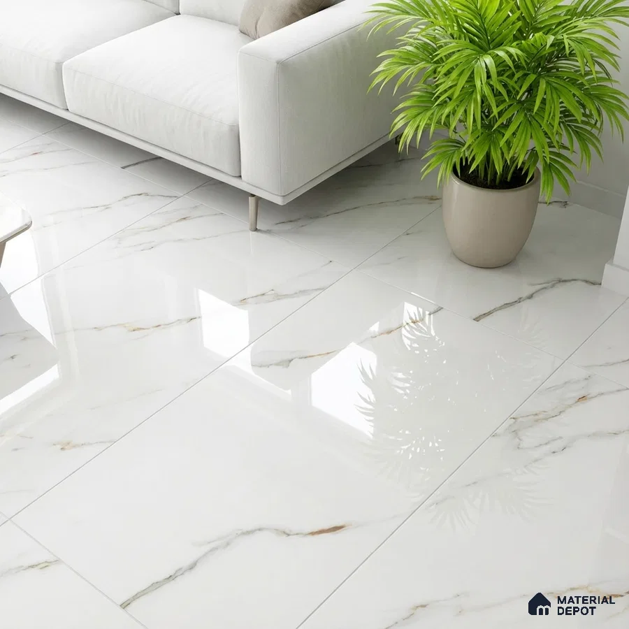Modern living room with glossy white marble-look floor tiles and minimalist sofa