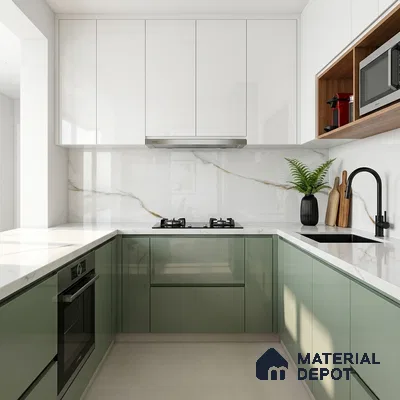 Modern kitchen with sage green and frosty white high gloss laminate, white marble-look backsplash and countertop