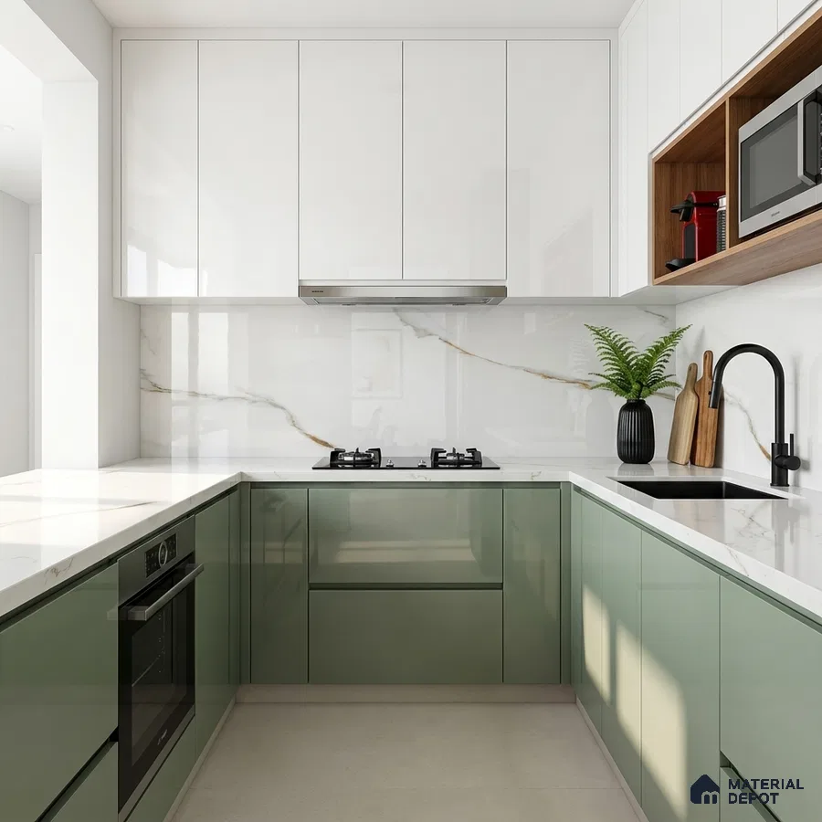 Modern kitchen with sage green and frosty white high gloss laminate, white marble-look backsplash and countertop