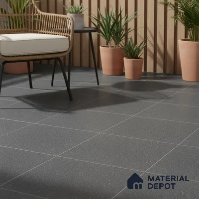 Scandinavian balcony with charcoal grey matte floor tiles and natural wood vertical louvers