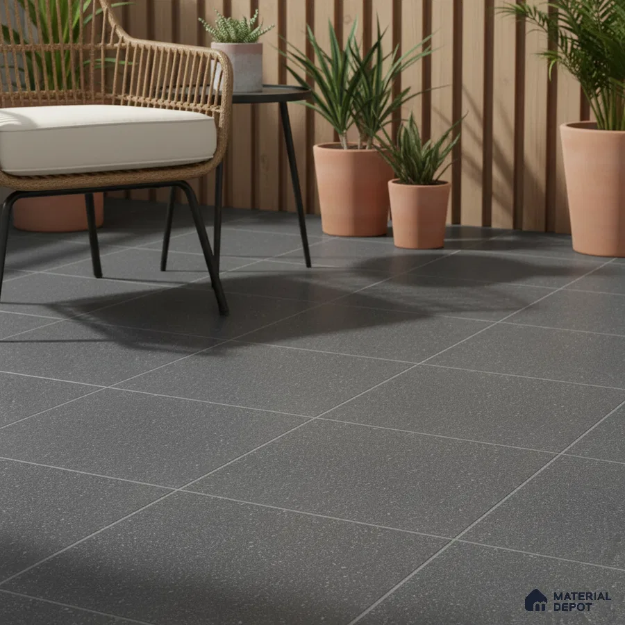 Scandinavian balcony with charcoal grey matte floor tiles and natural wood vertical louvers