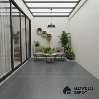 Minimalist balcony with charcoal grey floor tiles and beige painted walls