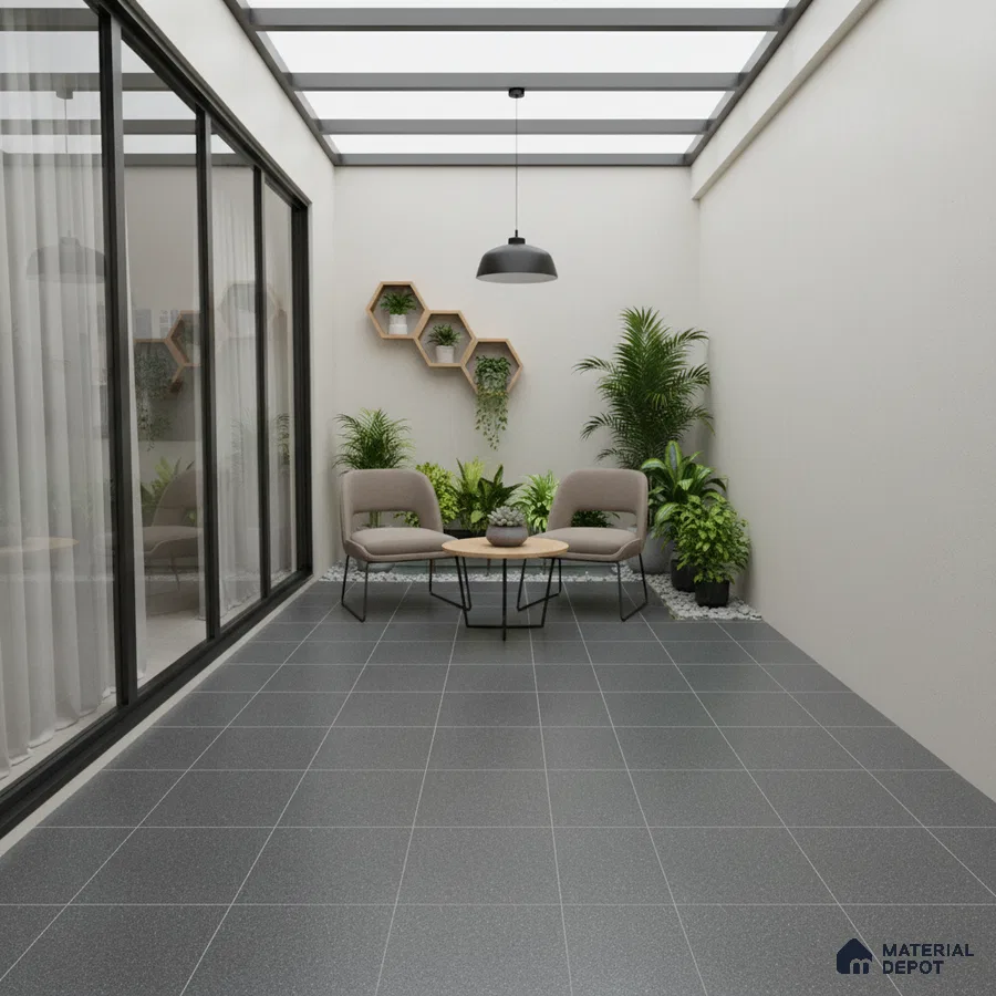 Minimalist balcony with charcoal grey floor tiles and beige painted walls