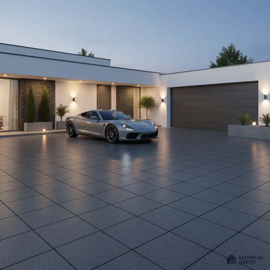 Modern parking with large grey outdoor floor tiles and stone cladding accent wall