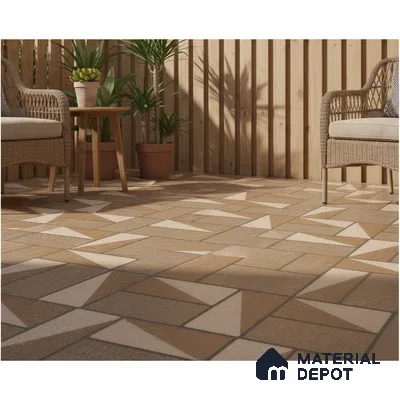 Scandinavian outdoor space with geometric beige and white floor tiles and natural wood cladding