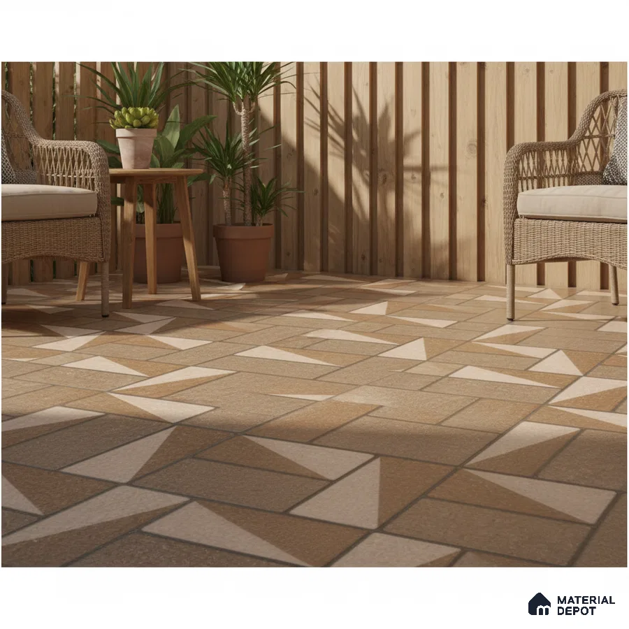 Scandinavian outdoor space with geometric beige and white floor tiles and natural wood cladding