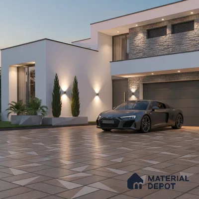 Modern parking with geometric patterned outdoor floor tiles and stone cladding accent wall
