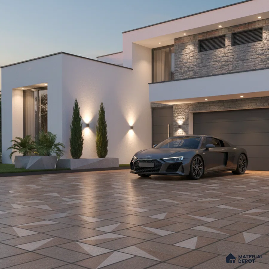 Modern parking with geometric patterned outdoor floor tiles and stone cladding accent wall
