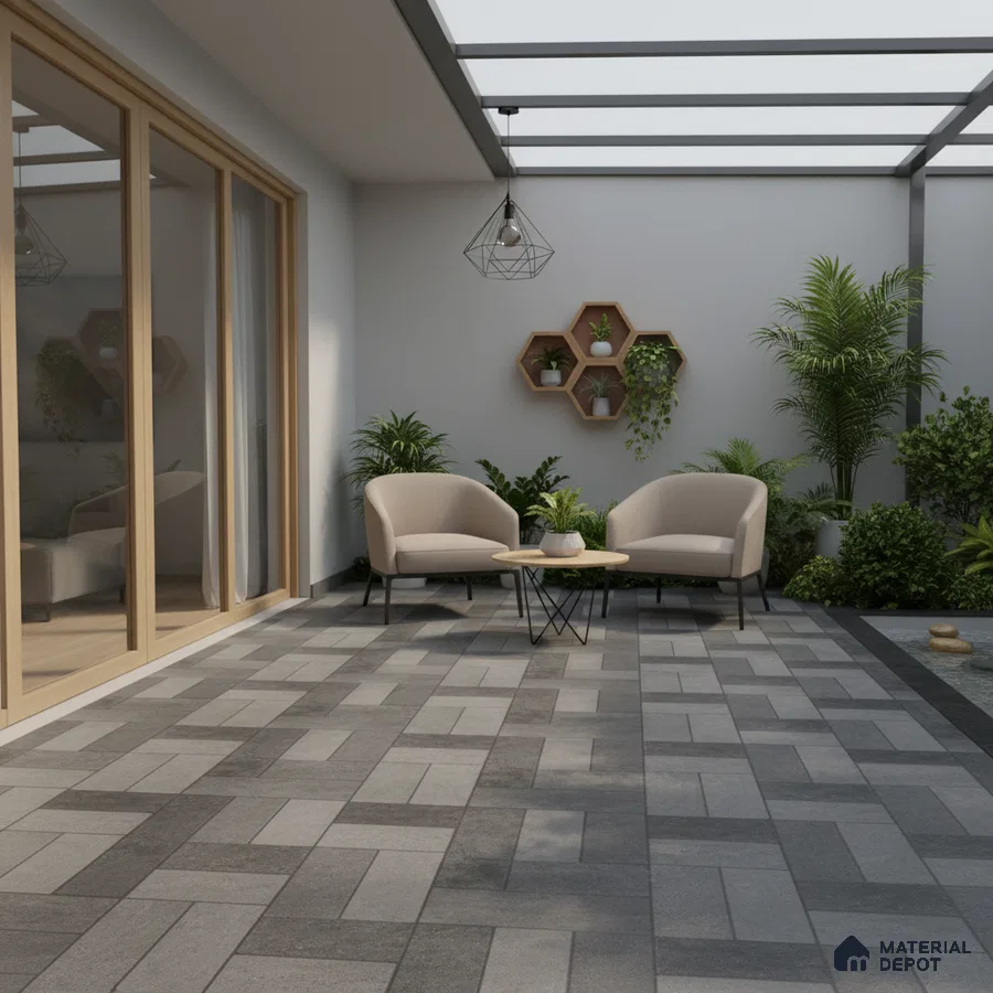 Modern outdoor patio with grey geometric floor tiles and wooden accents