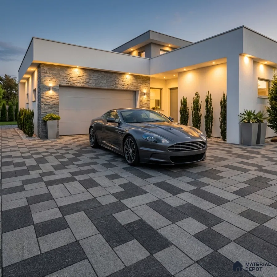 Modern parking with geometric grey paver tiles and stone cladding accent wall
