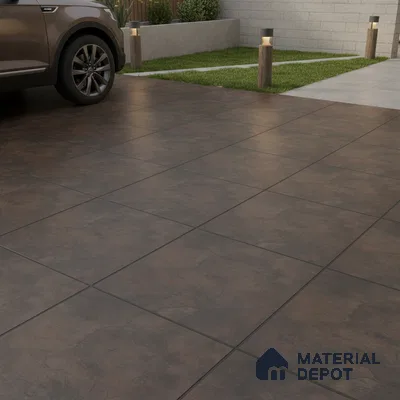 Modern parking with rustic brown anti-skid floor tiles and concrete block wall