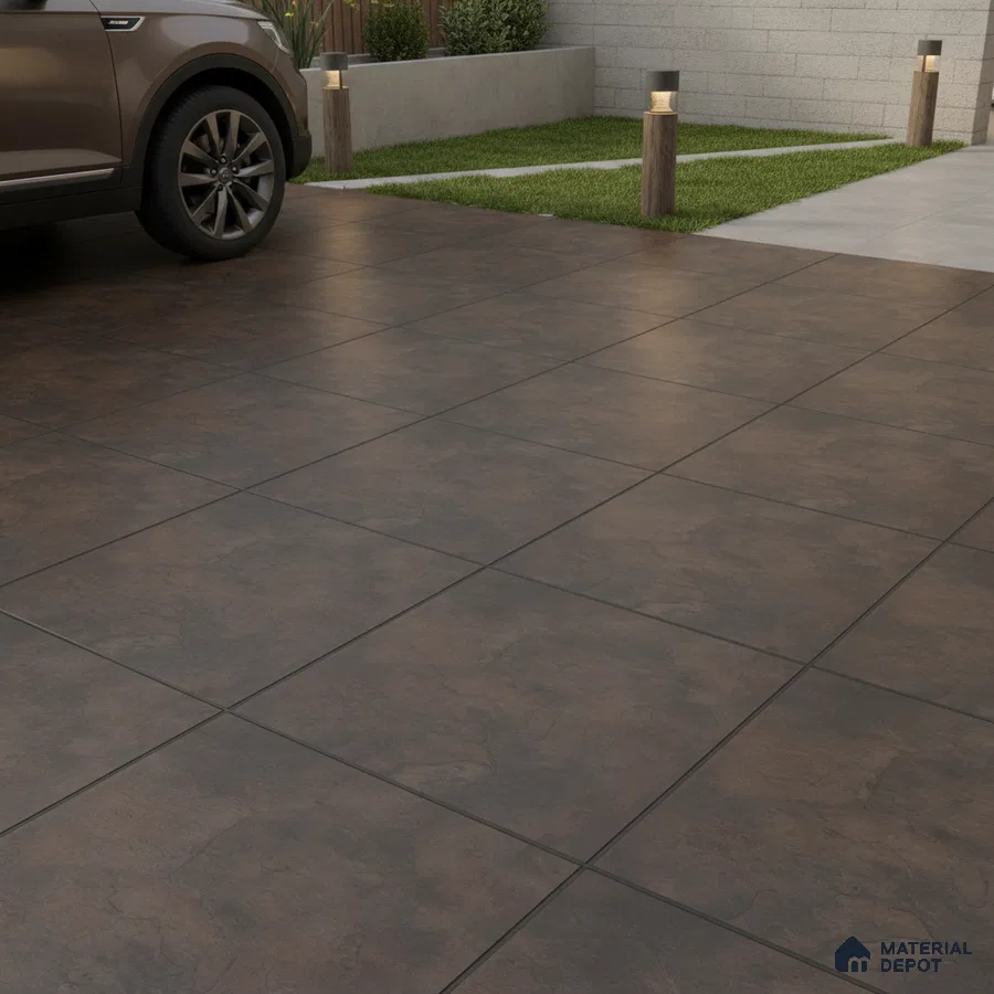 Modern parking with rustic brown anti-skid floor tiles and concrete block wall