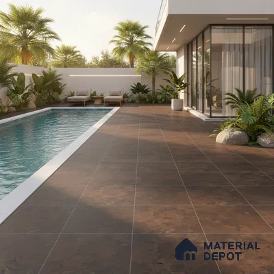Modern outdoor poolside with matte brown stone-look floor tiles and tropical landscaping