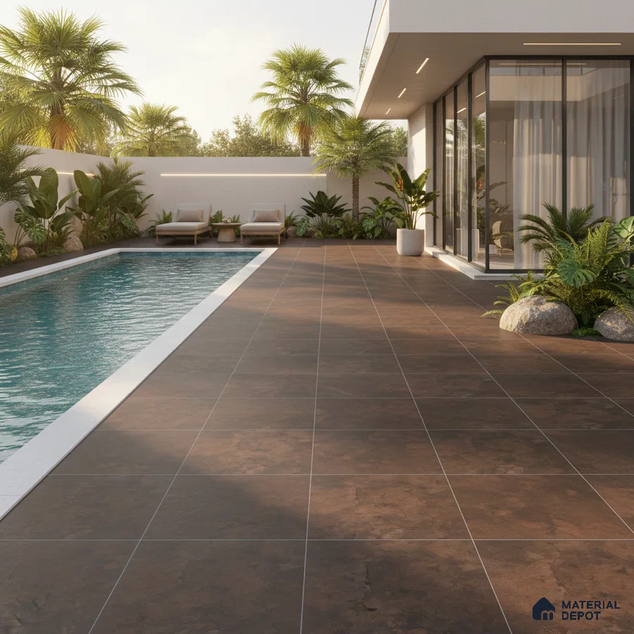 Modern outdoor poolside with matte brown stone-look floor tiles and tropical landscaping