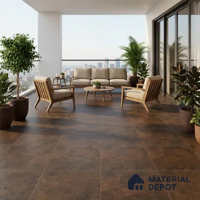 Modern balcony with brown stone-look floor tiles and natural wood outdoor furniture