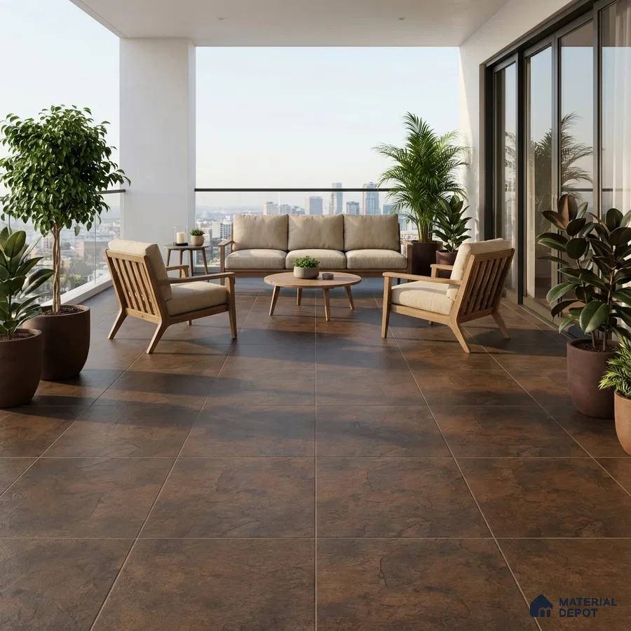 Modern balcony with brown stone-look floor tiles and natural wood outdoor furniture
