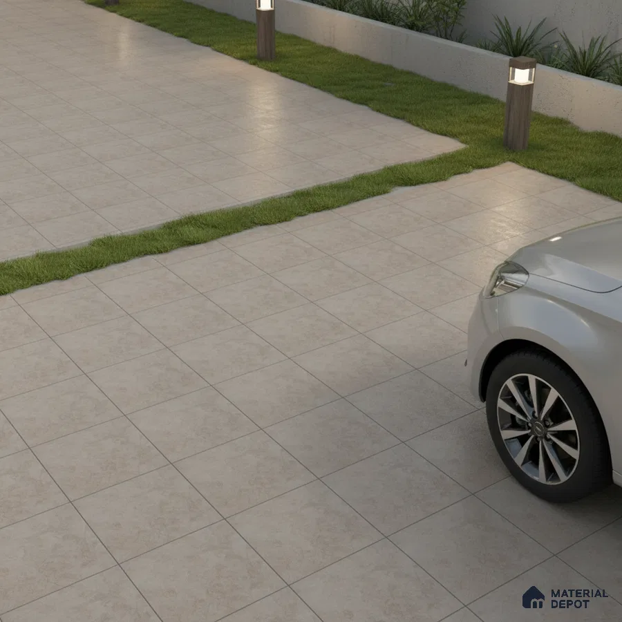 Modern parking area with beige stone-look outdoor floor tiles