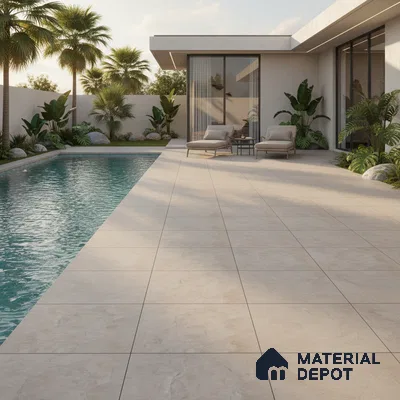 Modern outdoor poolside with beige stone-look floor tiles and minimalist landscaping