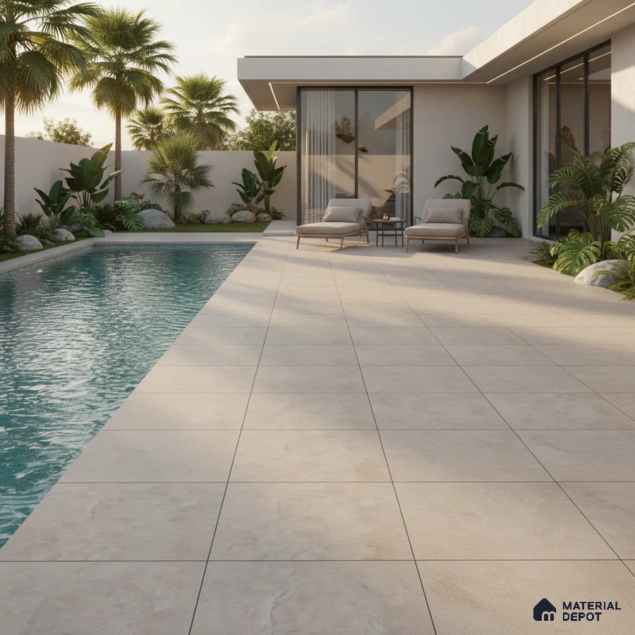Modern outdoor poolside with beige stone-look floor tiles and minimalist landscaping