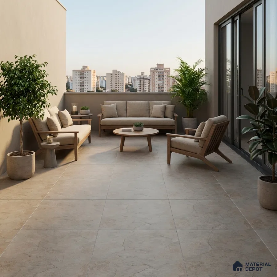 Scandinavian balcony with beige stone-look floor tiles and natural wood outdoor furniture