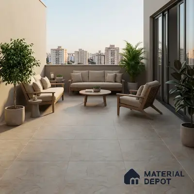 Scandinavian balcony with beige stone-look floor tiles and natural wood outdoor furniture