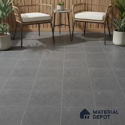 Scandinavian balcony with grey floor tiles and natural wood slat wall panels