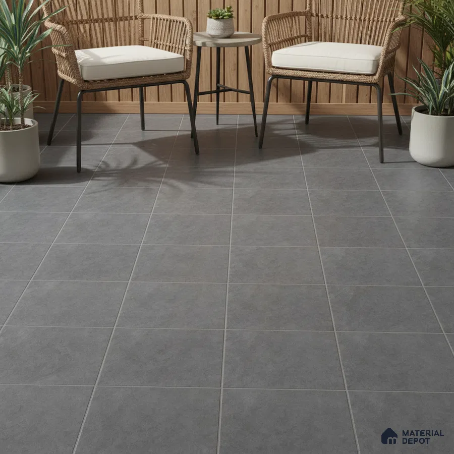 Scandinavian balcony with grey floor tiles and natural wood slat wall panels