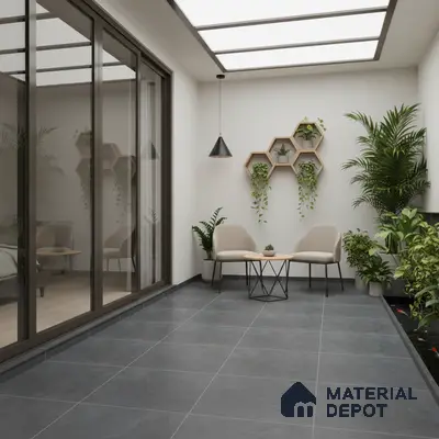 Minimalist balcony with charcoal grey floor tiles and indoor planters