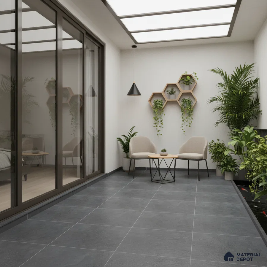 Minimalist balcony with charcoal grey floor tiles and indoor planters