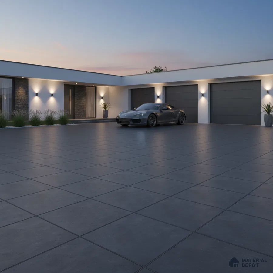Modern parking with large format charcoal grey matte floor tiles and minimal white exterior cladding