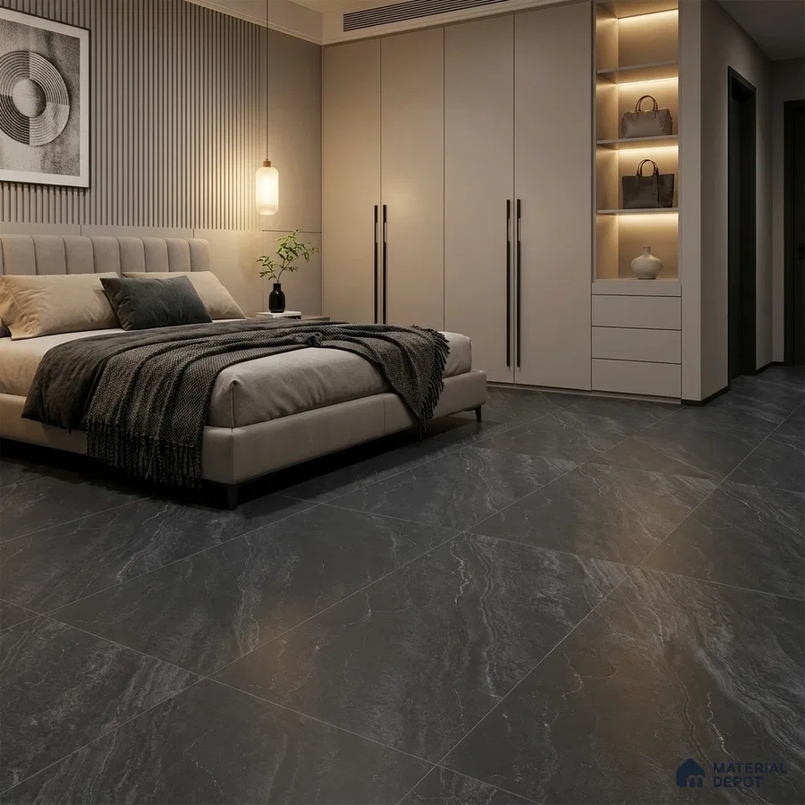 Modern Bedroom with Charcoal Grey Marble-Look Floor Tile