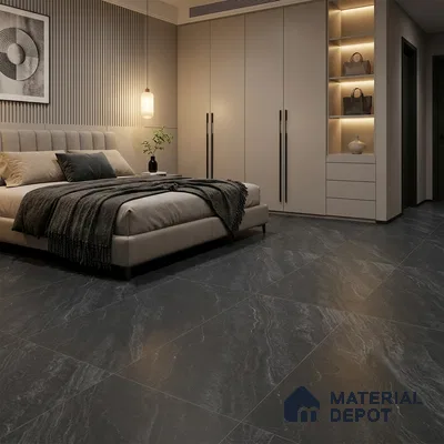 Modern Bedroom with Charcoal Grey Marble-Look Floor Tile